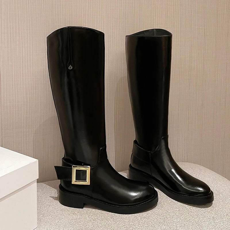 Square Buckle Knee High Leather Boots