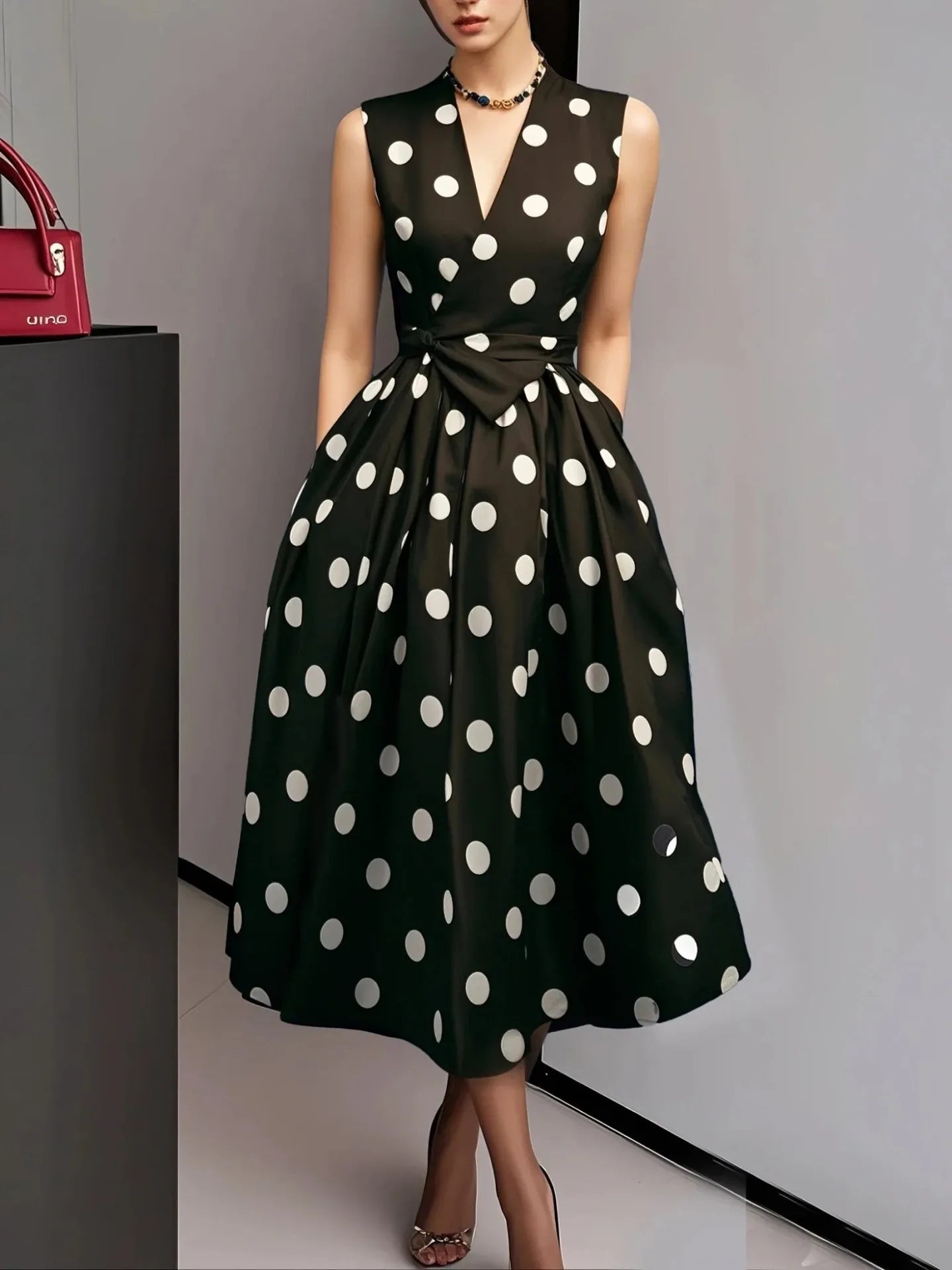 V-neck Polka Dot Dress