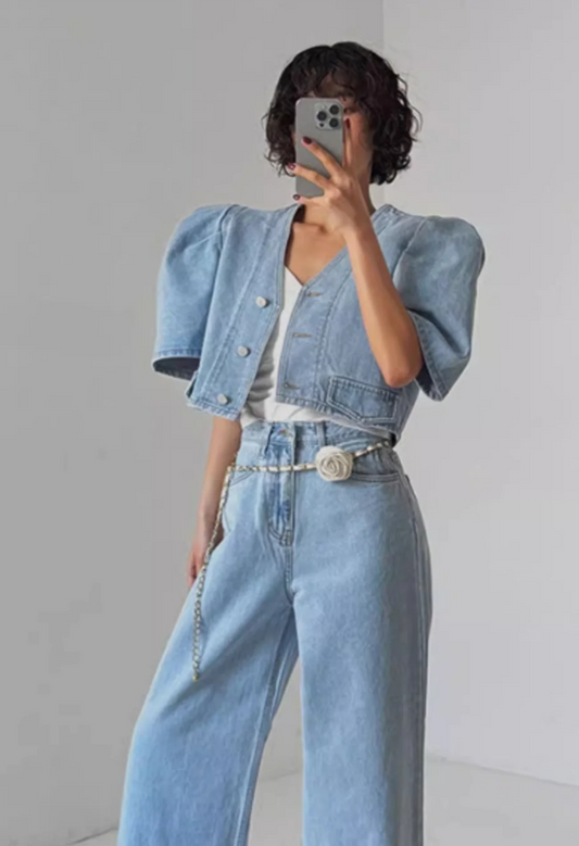 Vintage Short Puff-sleeved Denim Jacket