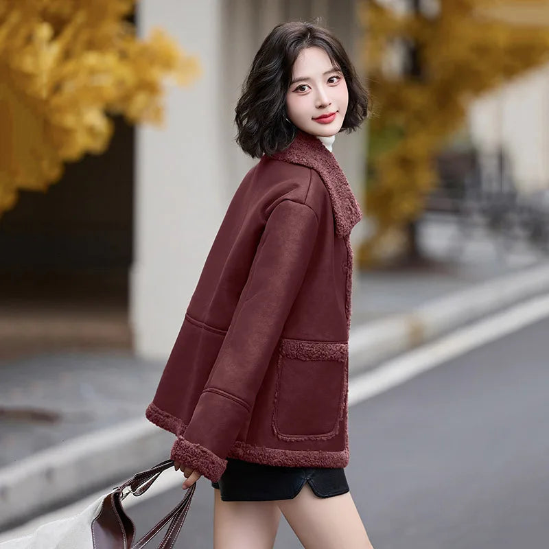 Lamb Wool Collar Leather Coat