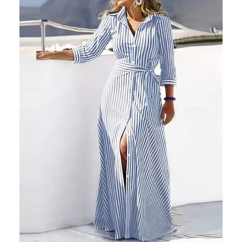 Striped Long Sleeved Maxi Shirt Dress