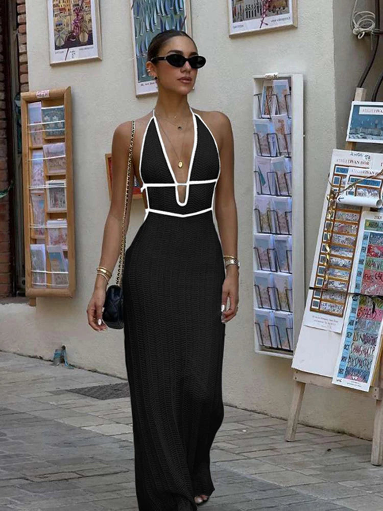 Backless Halter Color-Block Dress