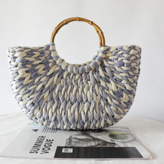 Bamboo Handle Grass Woven Bag