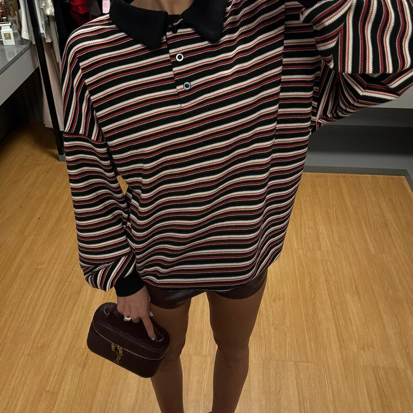 Retro Striped Long Sleeved Polo Shirt