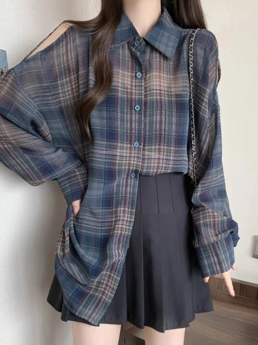 Plus Size Off Shoulder Plaid Shirt