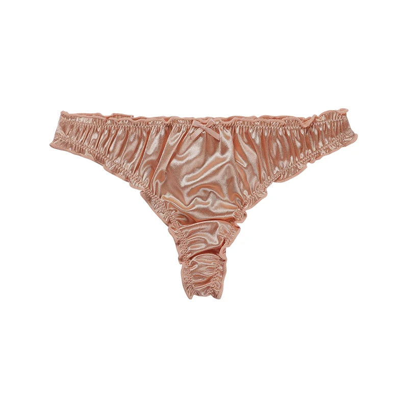Frill Trim Satin Seamless Thong Underwear