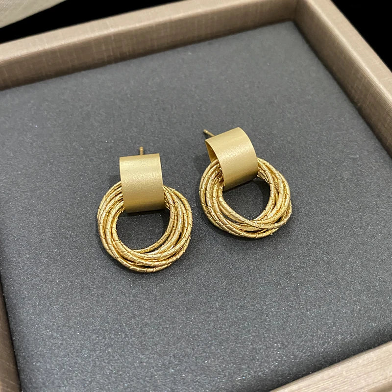 Simple Metal Geometric Stud Earrings for Women Gold Color Fashion Punk Round Dangle Female Piercing Jewelry Wedding Party Gifts