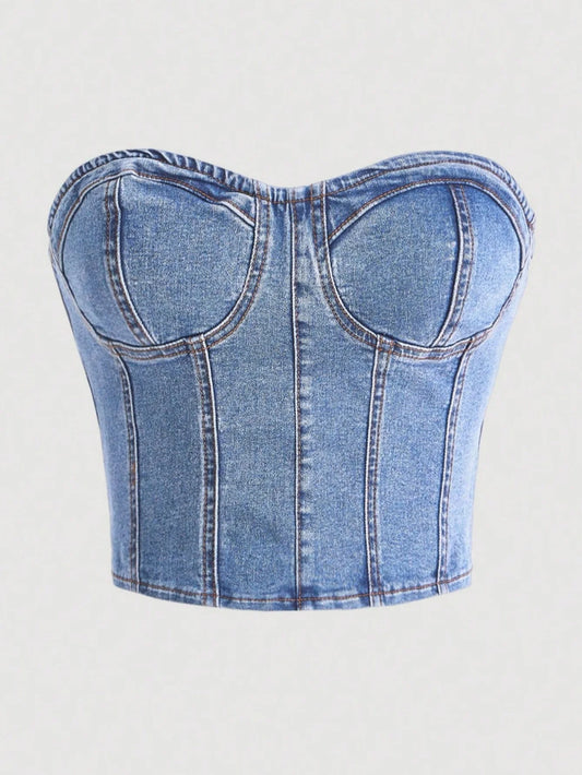 Plunging Neckline Denim Top