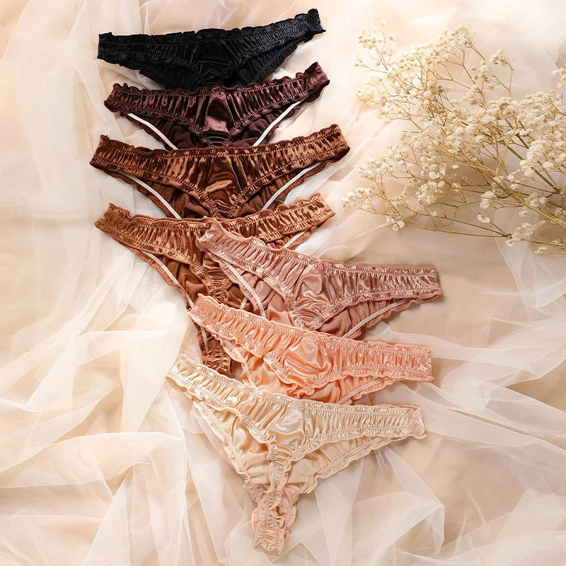 Frill Trim Satin Seamless Thong Underwear