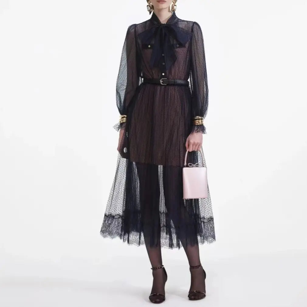 Mesh Transparent Midi Dress with Bow