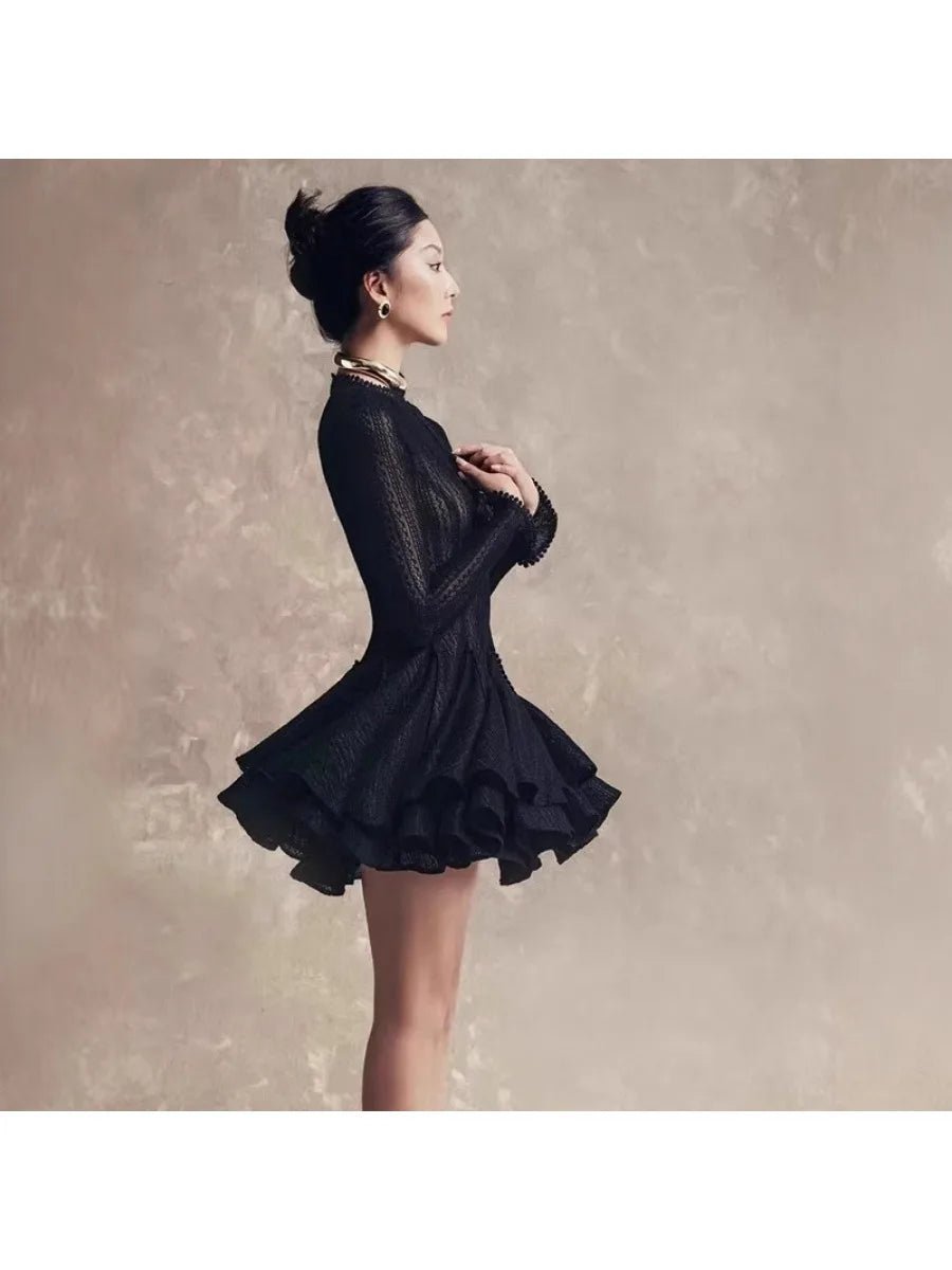 Long-Sleeved High Neck Mesh Mini Dress with Ruffled Hem