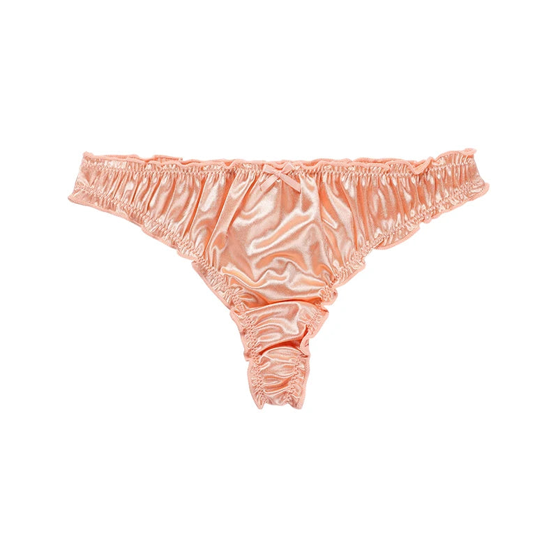 Frill Trim Satin Seamless Thong Underwear
