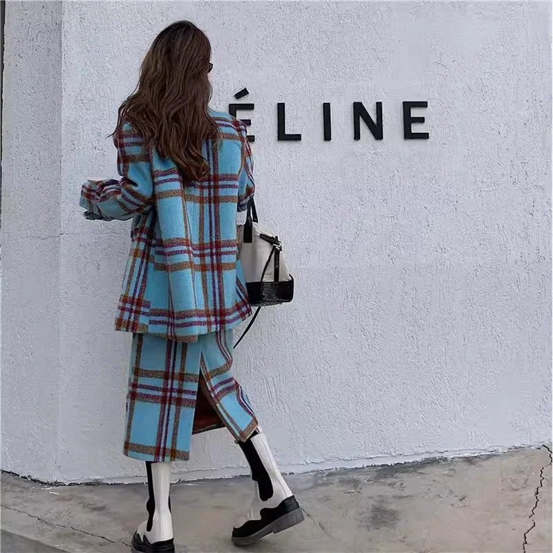 Checkered Suit Jacket and Skirt Set