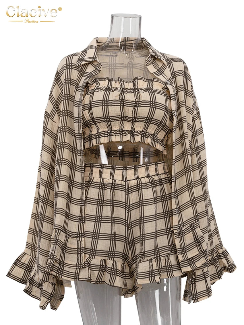 Loose Plaid Cotton Shorts Sets