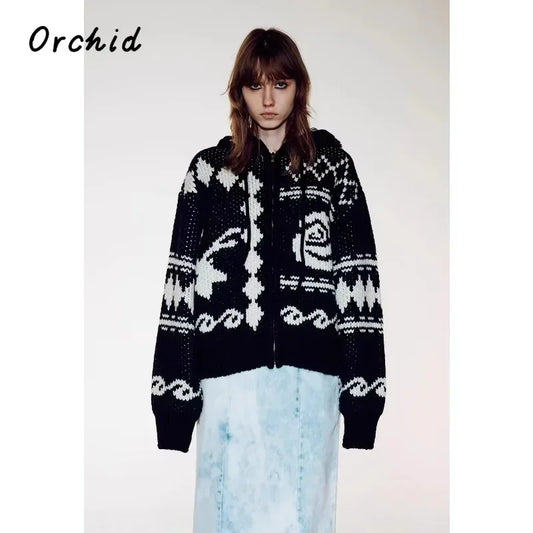 Geometric Hooded Sweater Coat