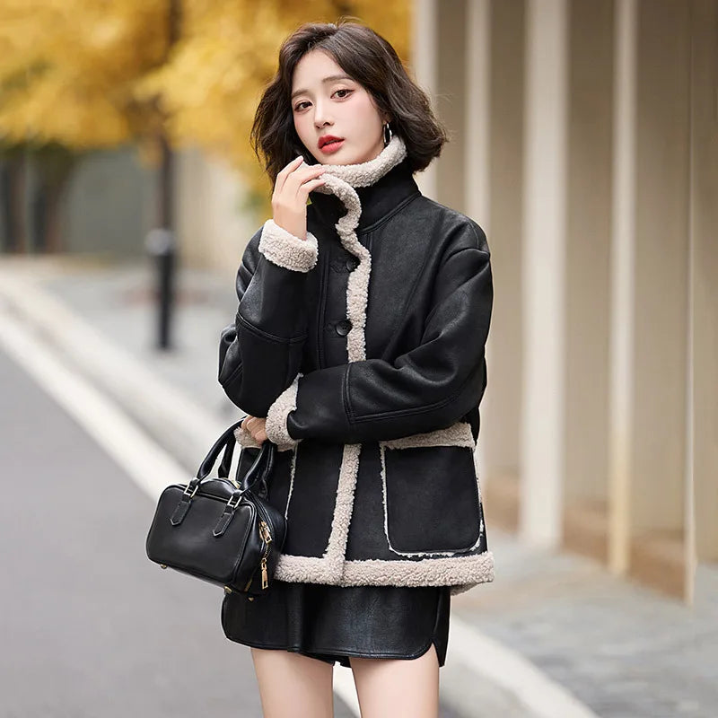 Lamb Wool Collar Leather Coat