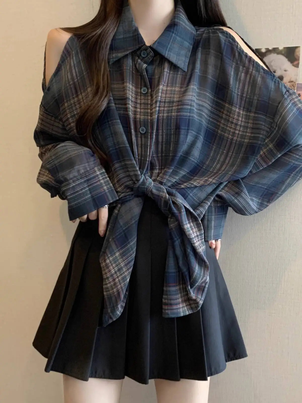 Plus Size Off Shoulder Plaid Shirt