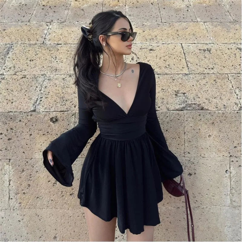 Deep V Neck Solid Color Pleated Mini Dress