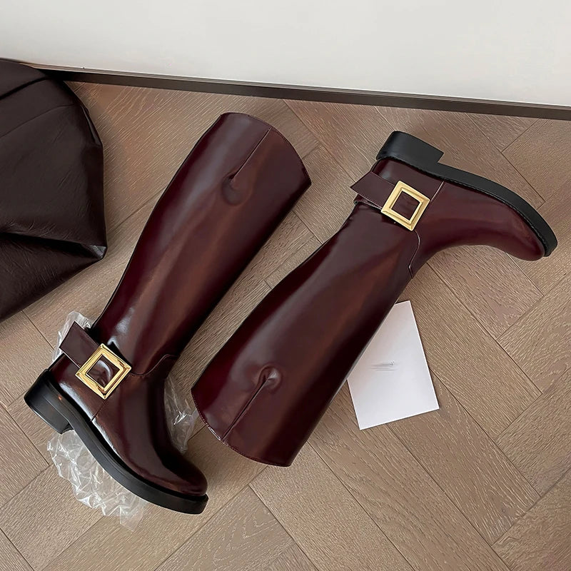 Square Buckle Knee High Leather Boots