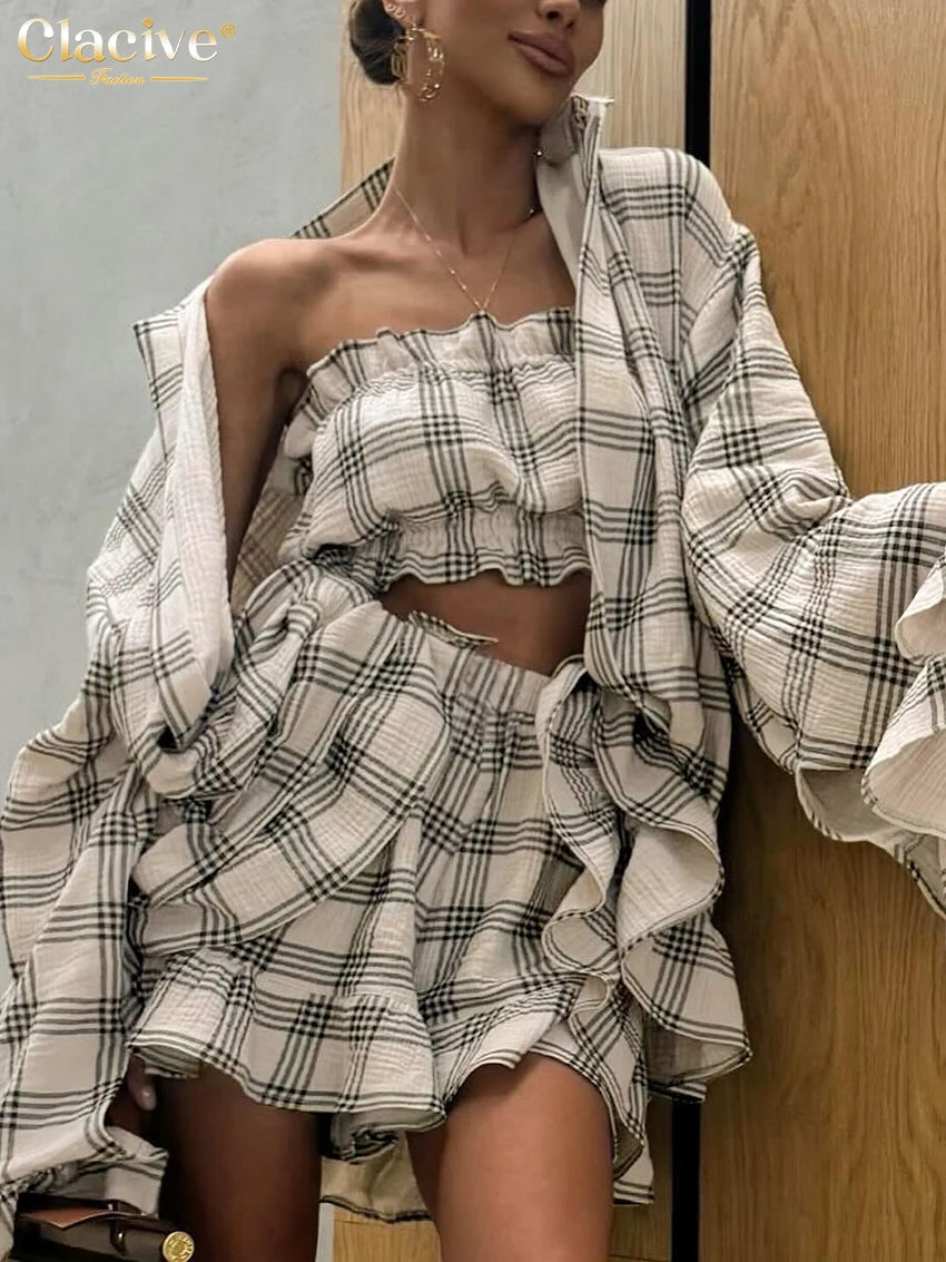 Loose Plaid Cotton Shorts Sets