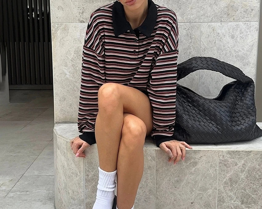 Retro Striped Long Sleeved Polo Shirt