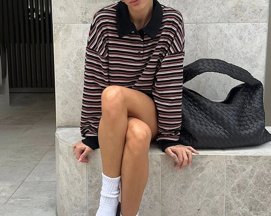Retro Striped Long Sleeved Polo Shirt