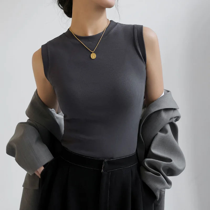 Cotton Round Neck Basic Sleeveless Tee