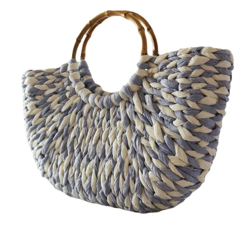 Bamboo Handle Grass Woven Bag