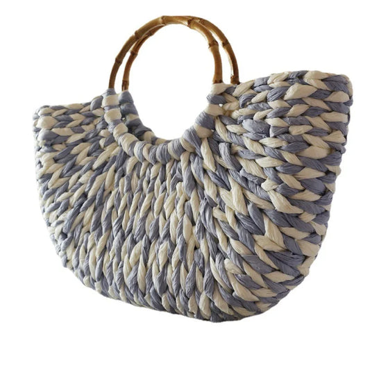 Bamboo Handle Grass Woven Bag