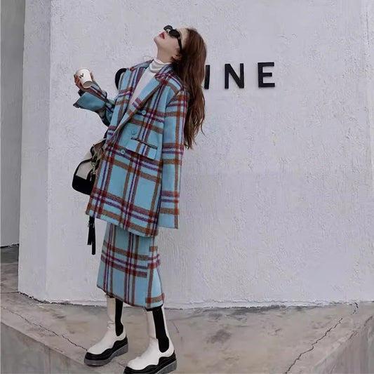 Checkered Suit Jacket and Skirt Set