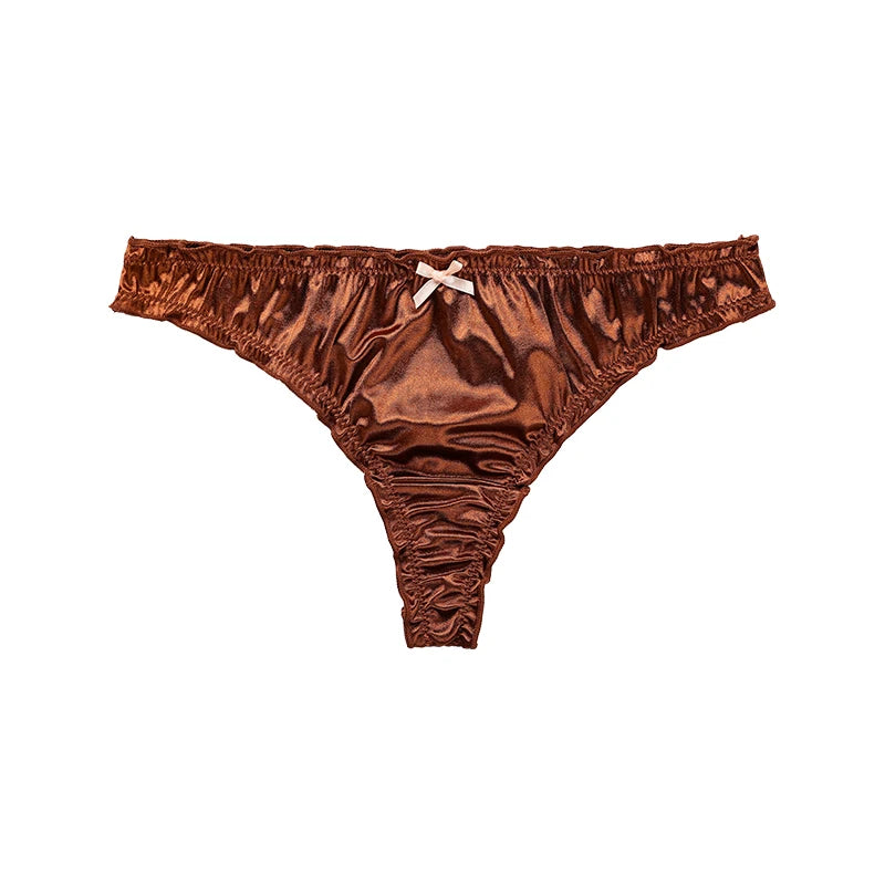 Frill Trim Satin Seamless Thong Underwear