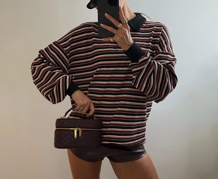 Retro Striped Long Sleeved Polo Shirt