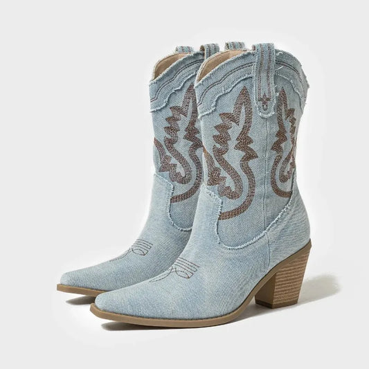 Embroidered Denim Western Cowboy Boots
