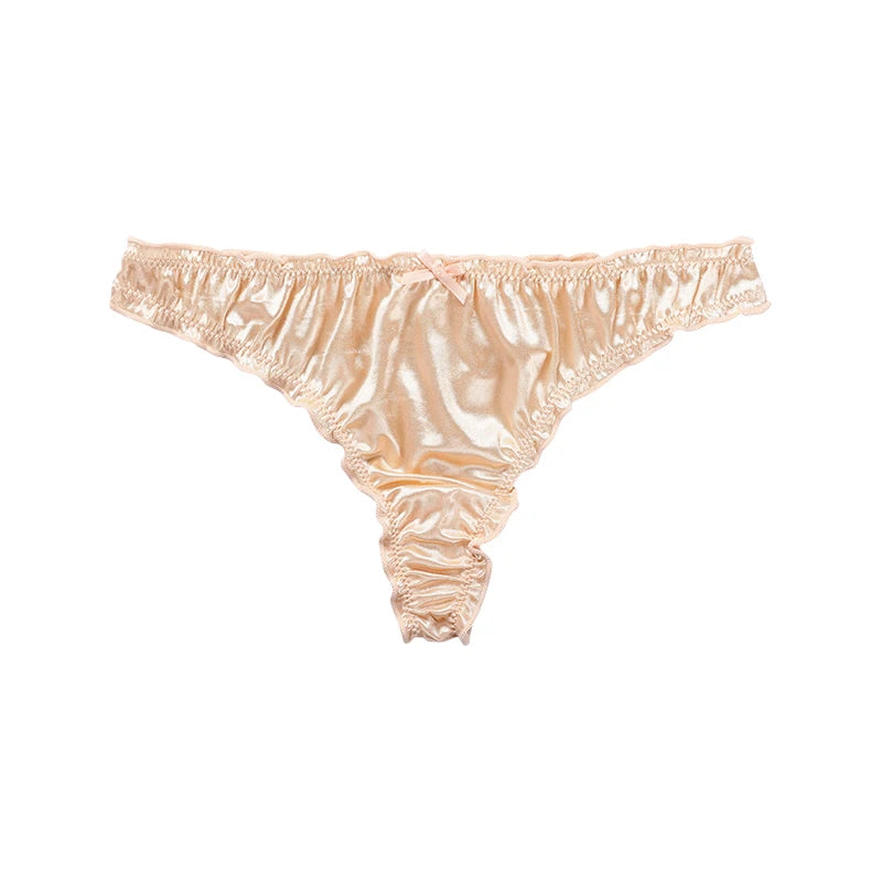 Frill Trim Satin Seamless Thong Underwear