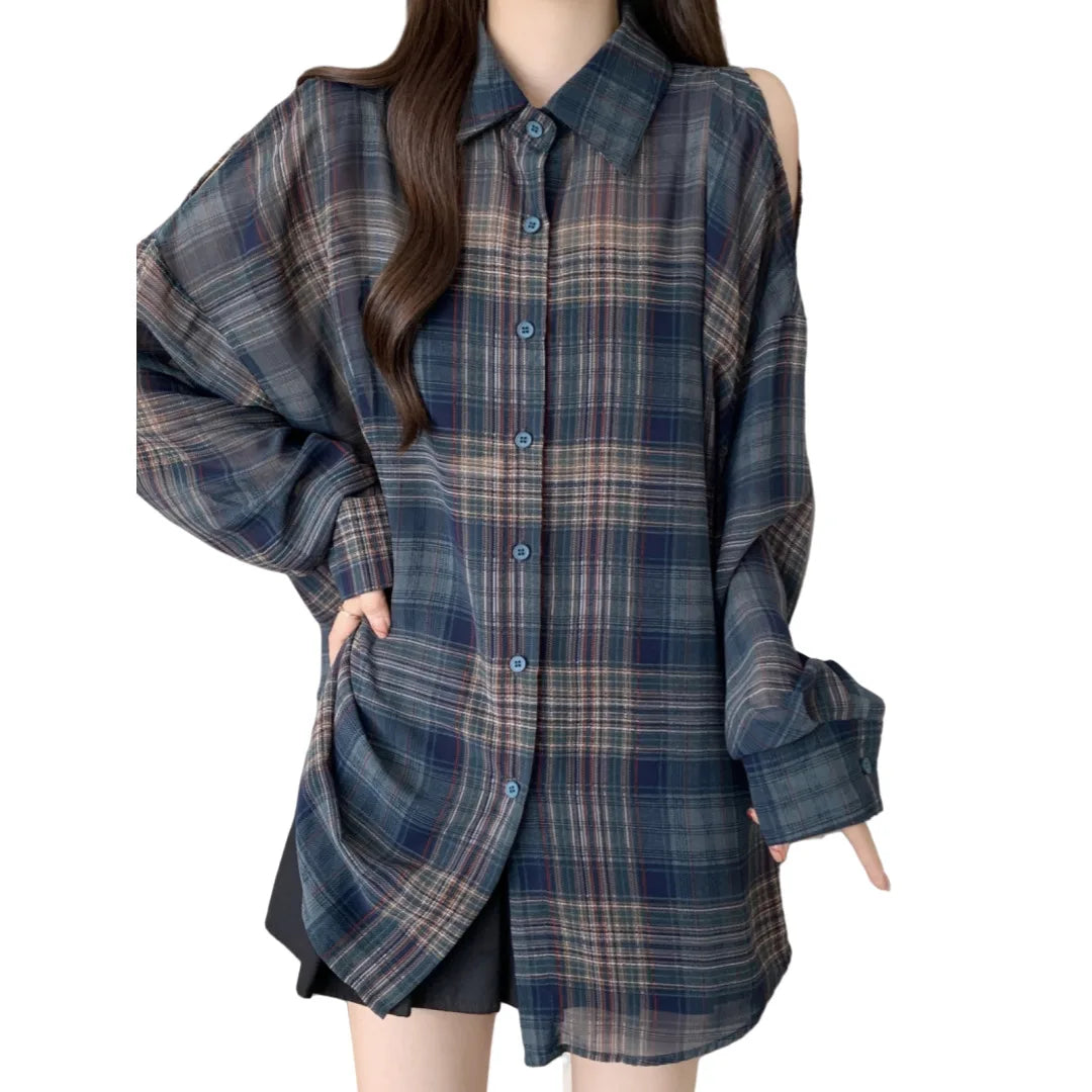 Plus Size Off Shoulder Plaid Shirt