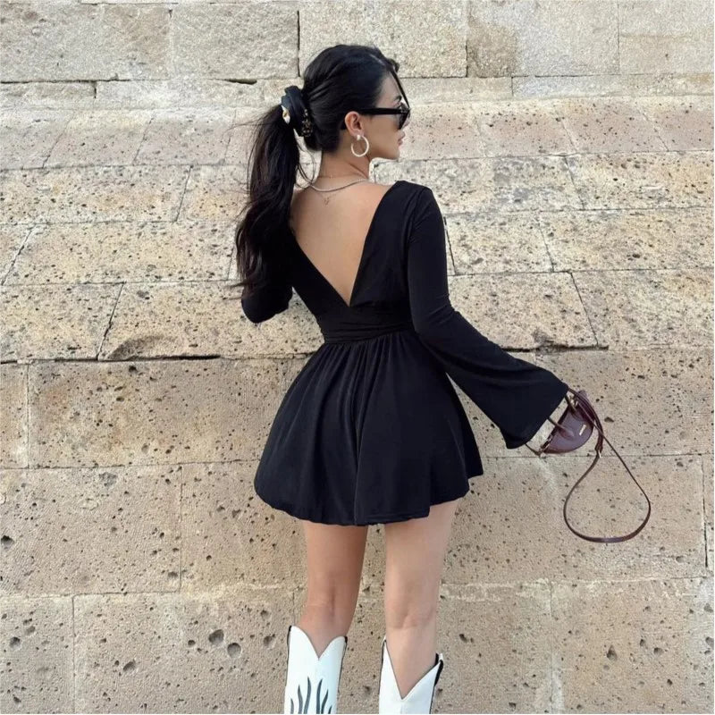 Deep V Neck Solid Color Pleated Mini Dress