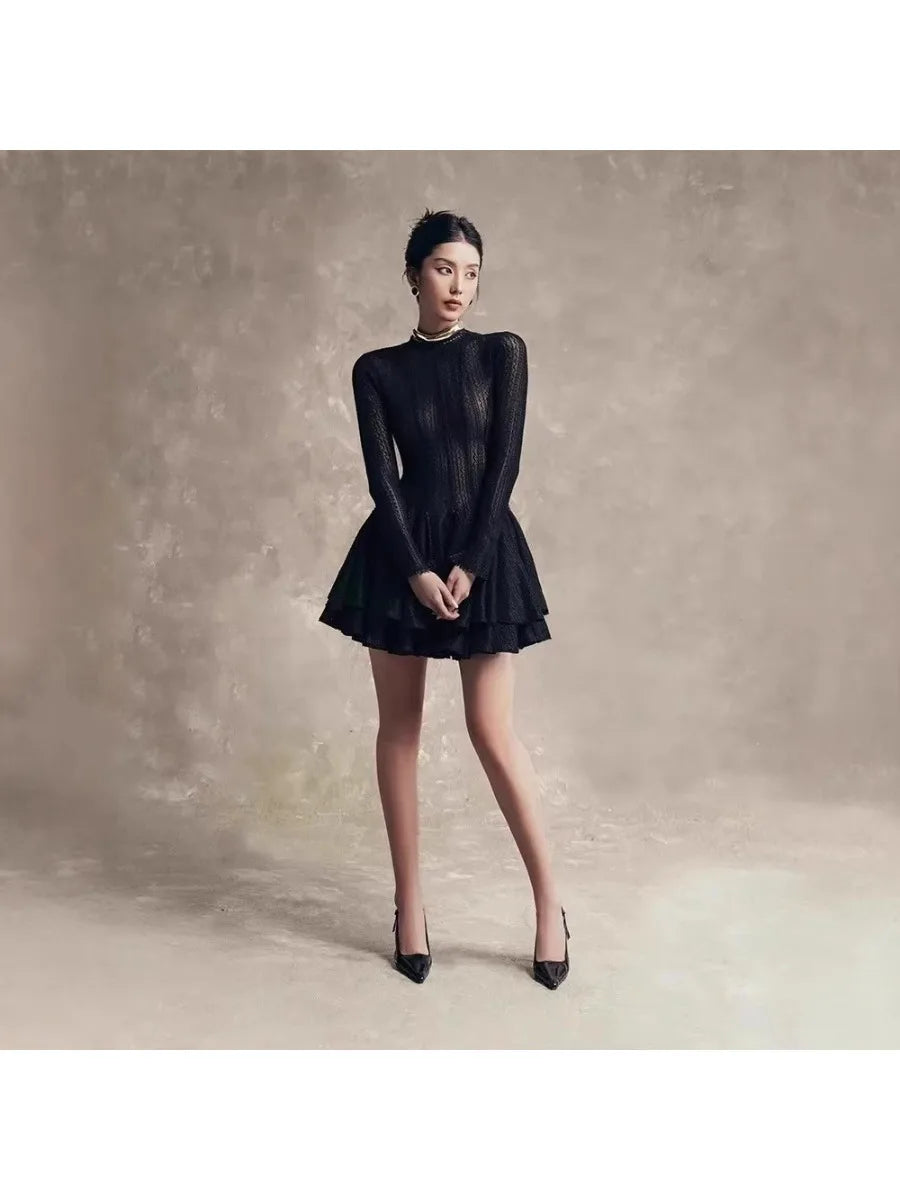 Long-Sleeved High Neck Mesh Mini Dress with Ruffled Hem