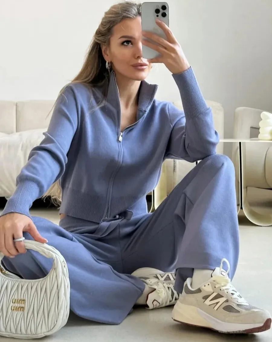 Collar Zipper Knitted Set