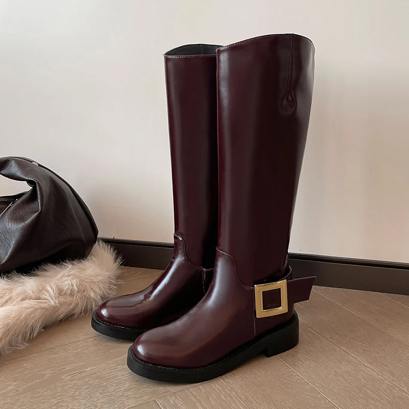 Square Buckle Knee High Leather Boots