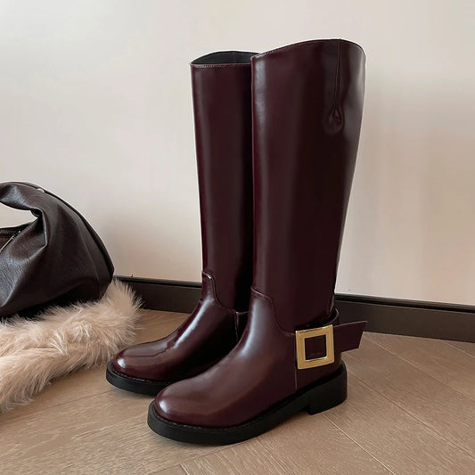 Square Buckle Knee High Leather Boots