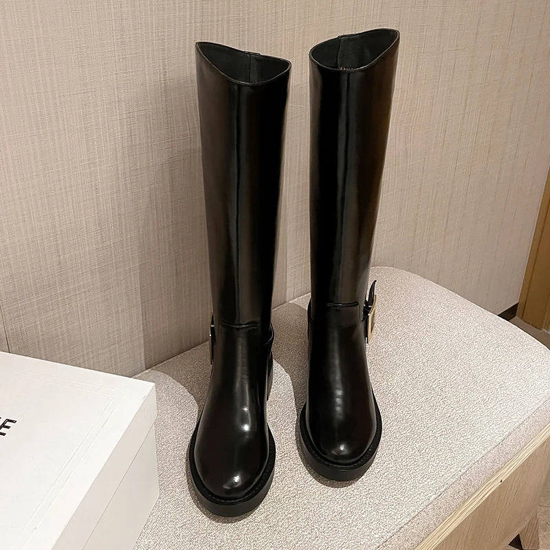 Square Buckle Knee High Leather Boots