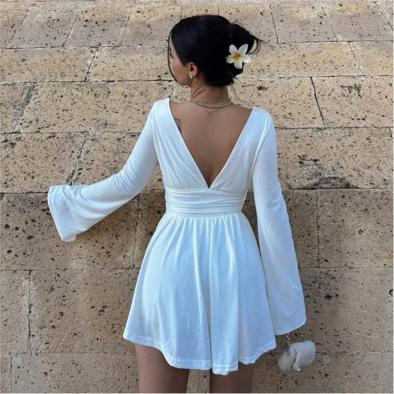 Deep V Neck Solid Color Pleated Mini Dress