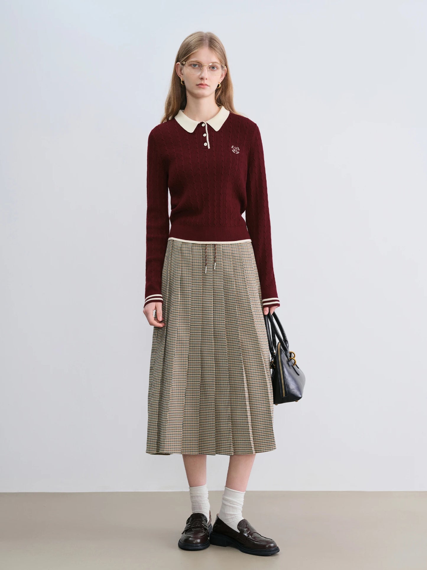 Houndstooth Mid-length Pleated Skirt